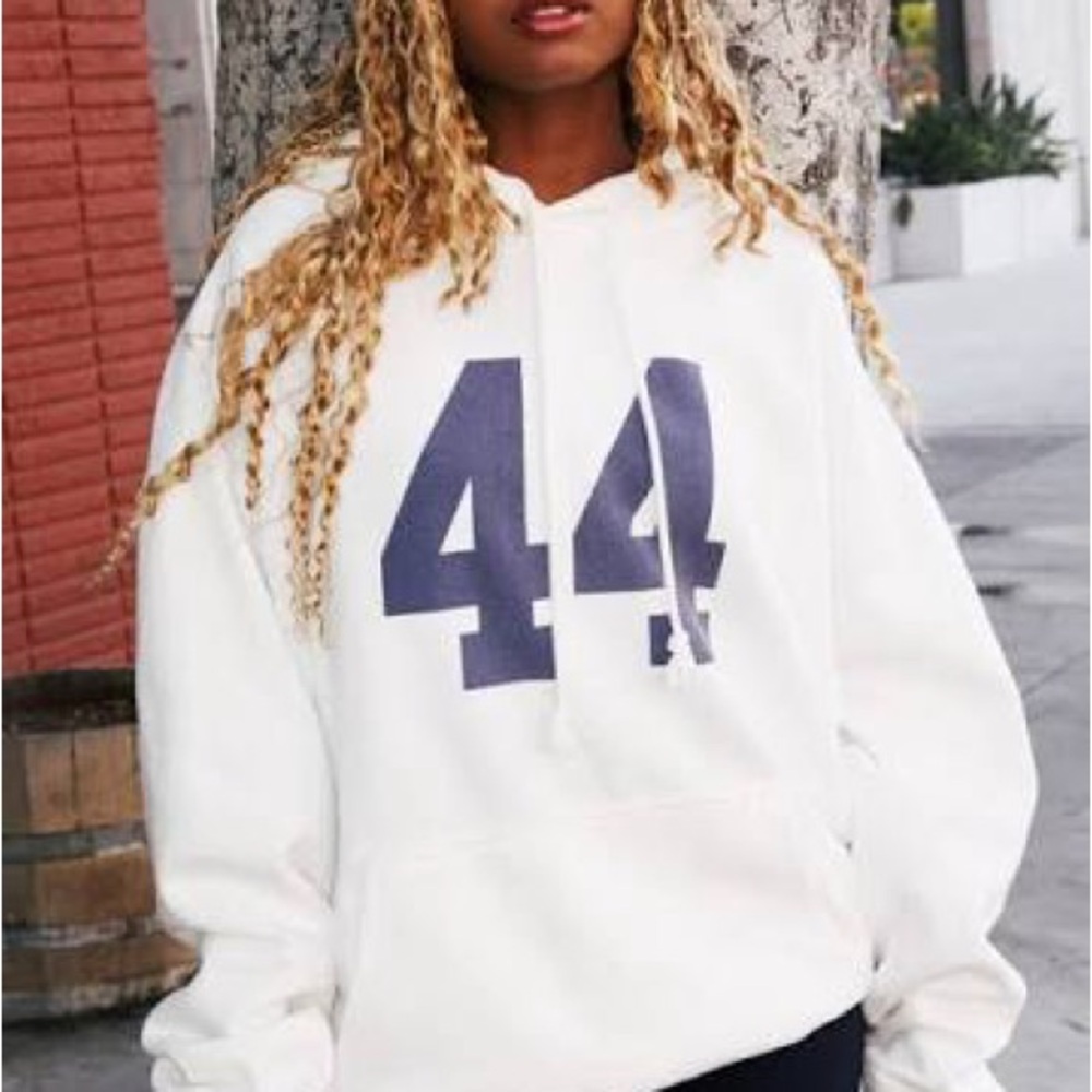 Brandy Melville White Hoodie with Navy 44 Graphic
